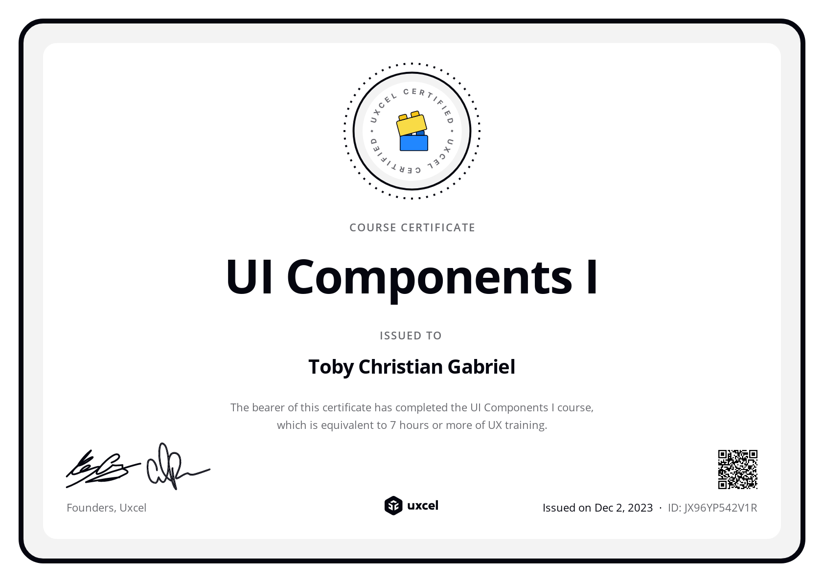 Toby Christian Gabriel's certificate